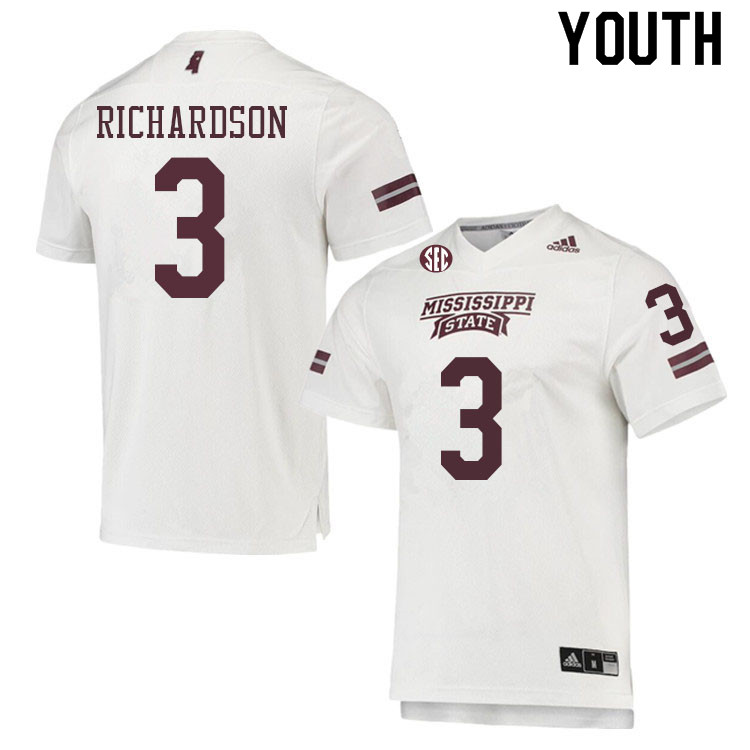 Youth #3 Decamerion Richardson Mississippi State Bulldogs College Football Jerseys Sale-White - Click Image to Close